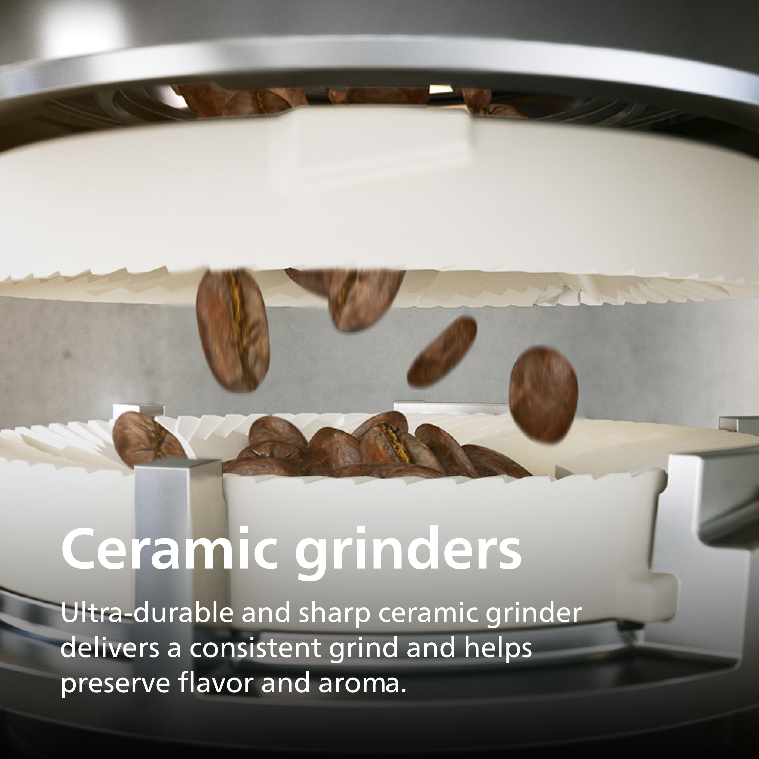 Ceramic grinder with coffee beans and text about its features.