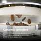 Ceramic grinder with coffee beans and text about its features.