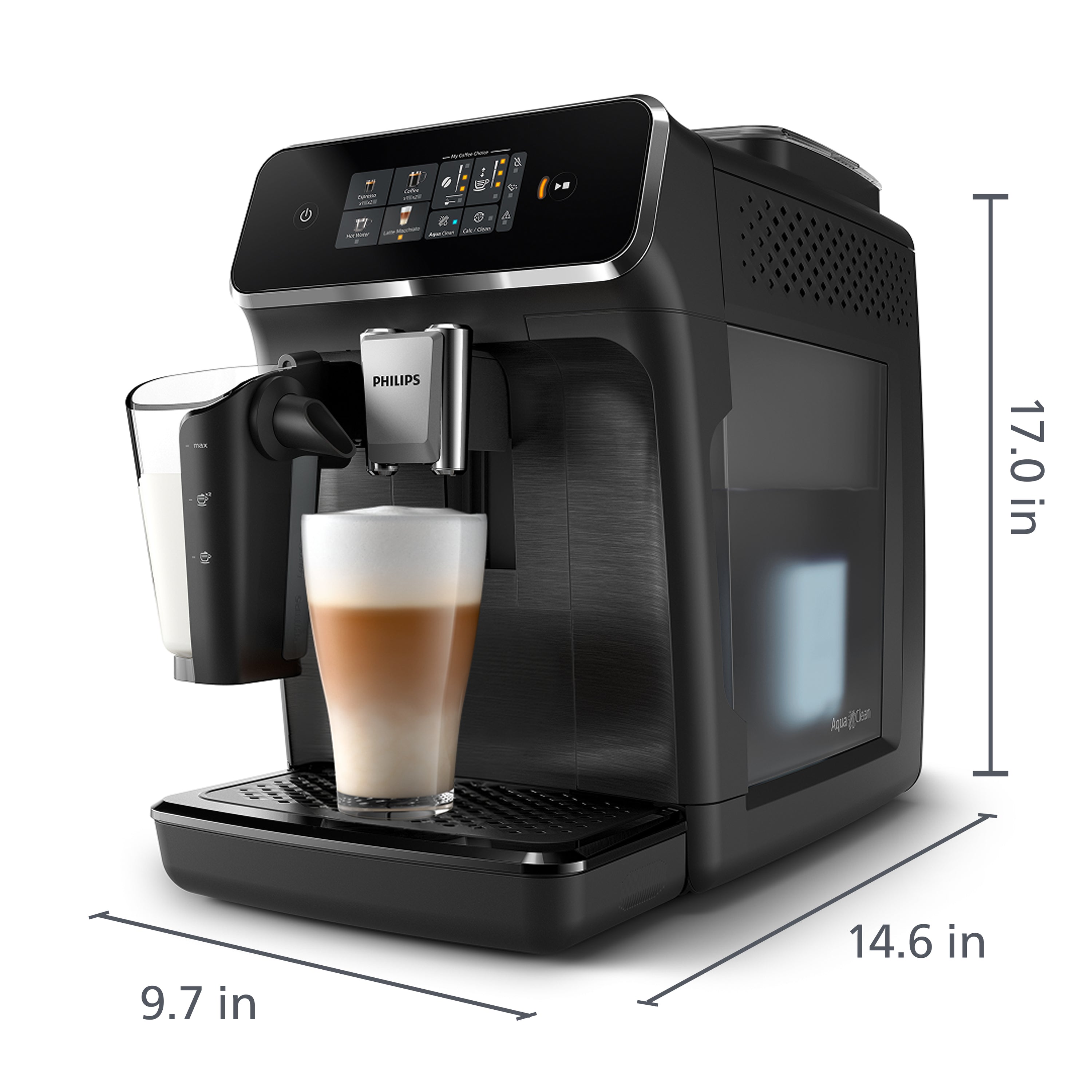 Philips coffee machine with a glass of coffee on a white background