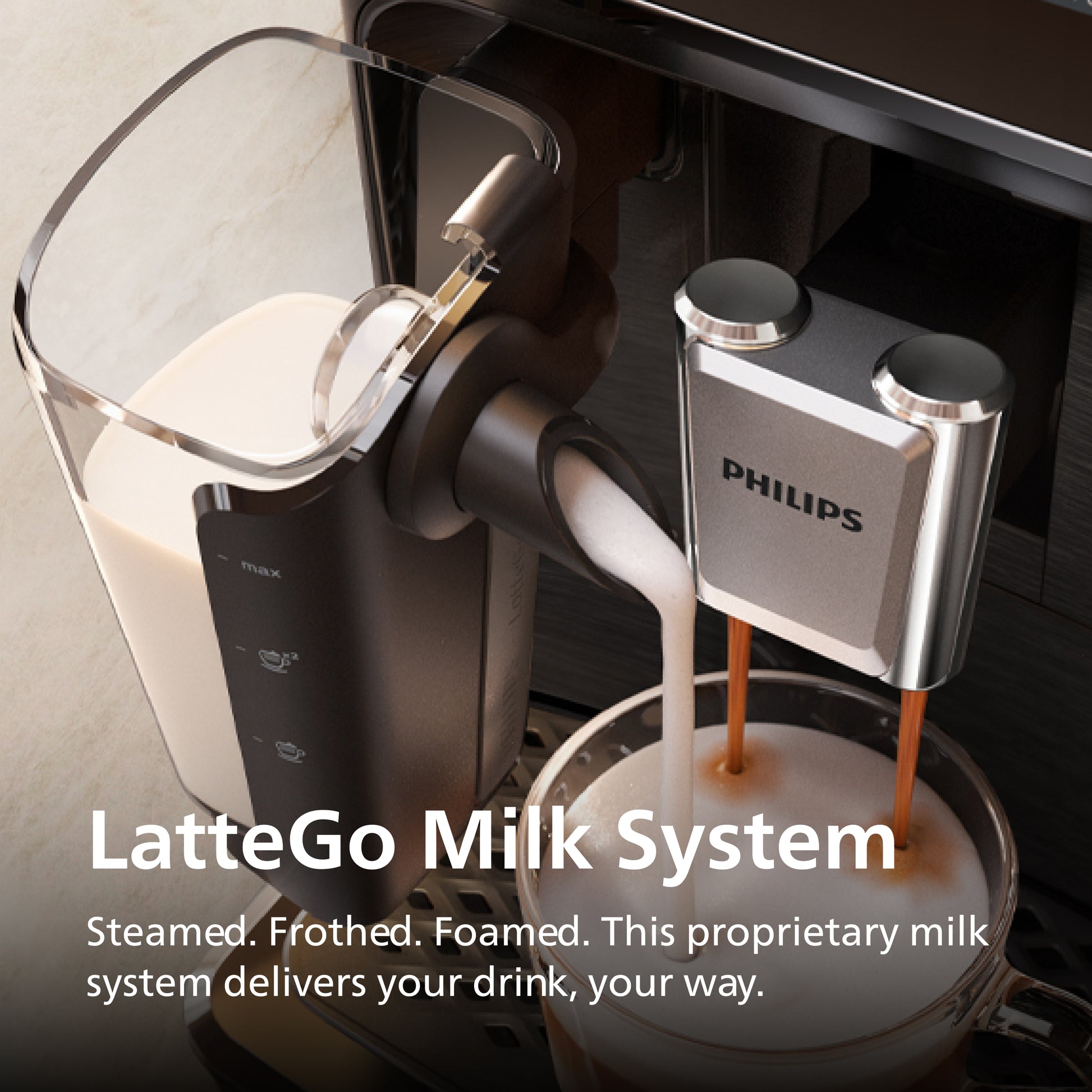 Philips LatteGo Milk System in action with milk being steamed and frothed.