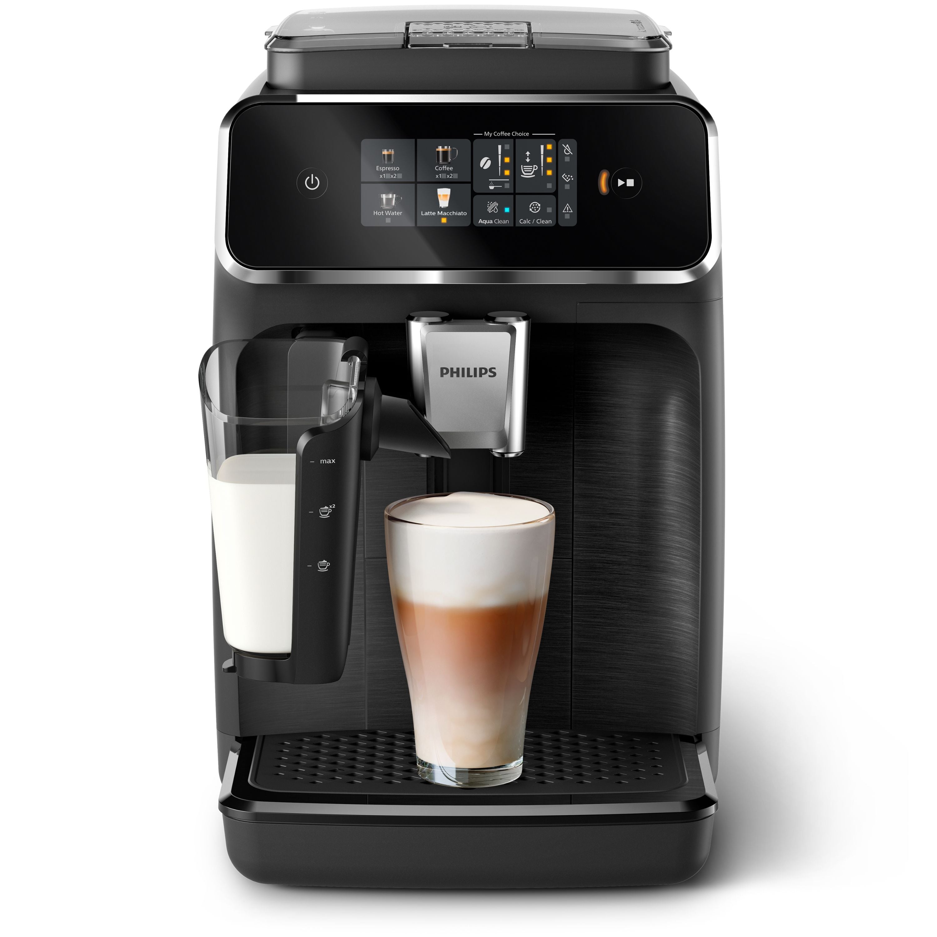 Philips coffee machine with a glass of latte on a white background