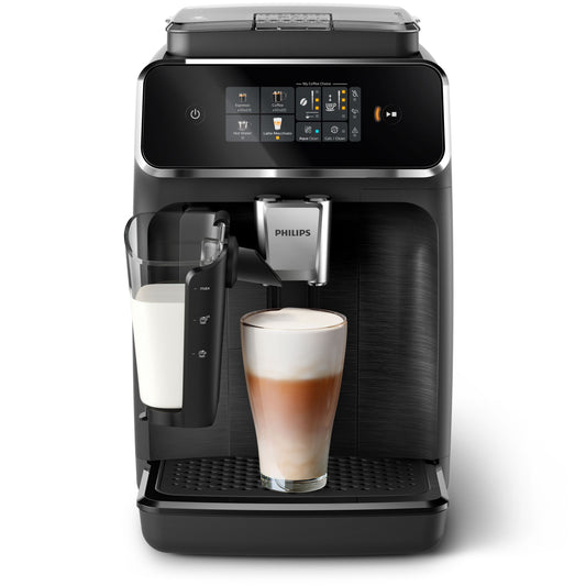 Philips coffee machine with a glass of latte on a white background