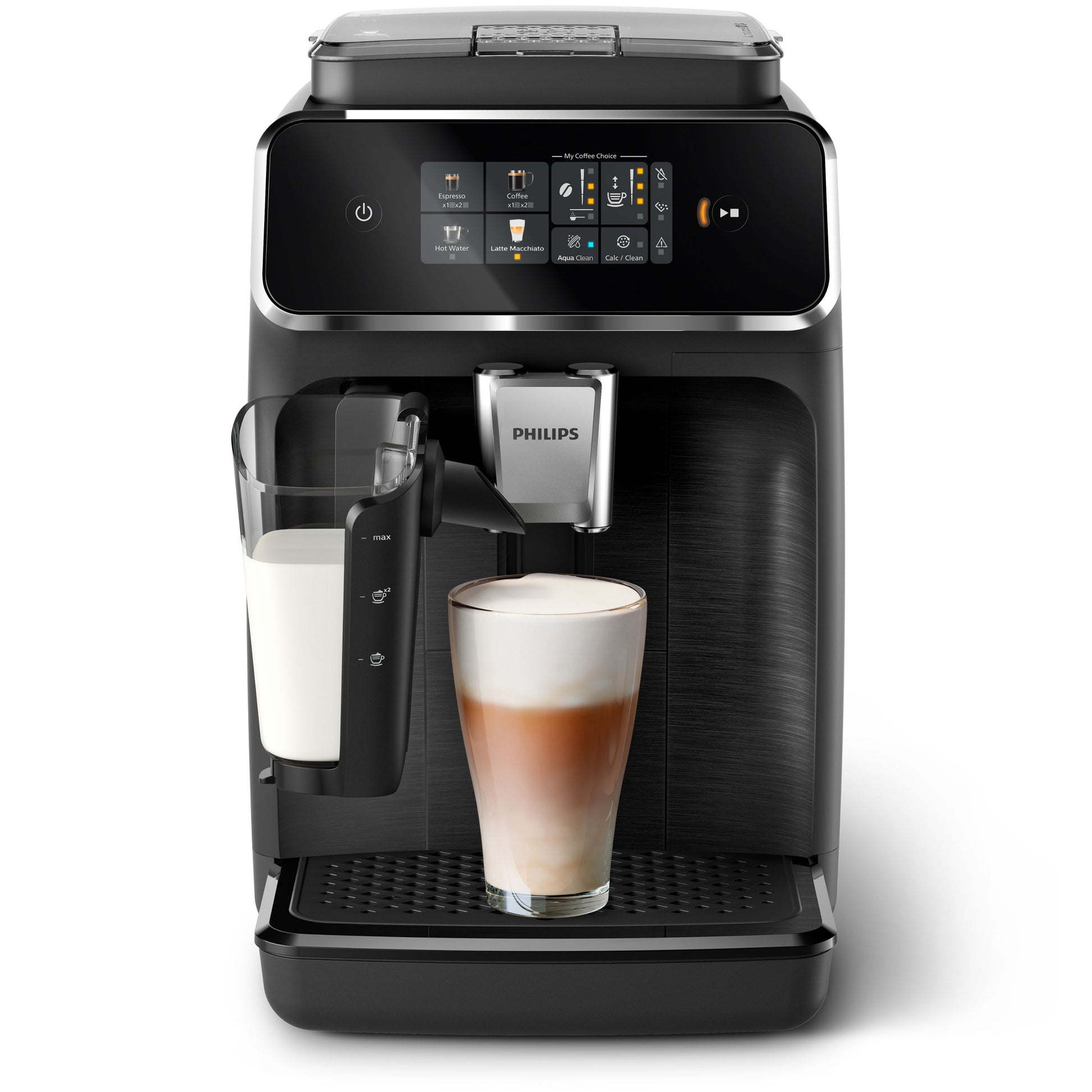 Philips coffee machine with a glass of latte on a white background