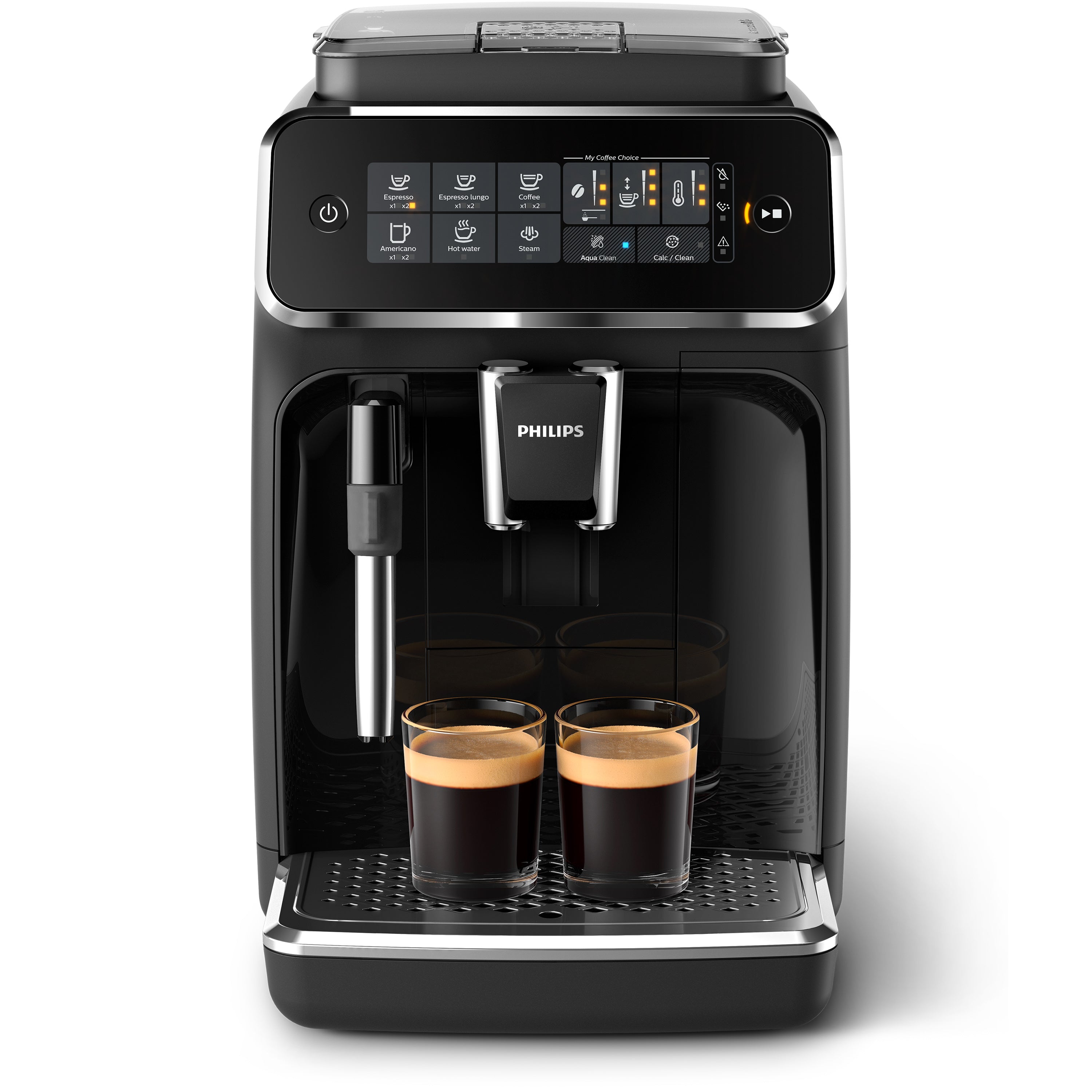 Philips coffee machine with two espresso cups on a white background