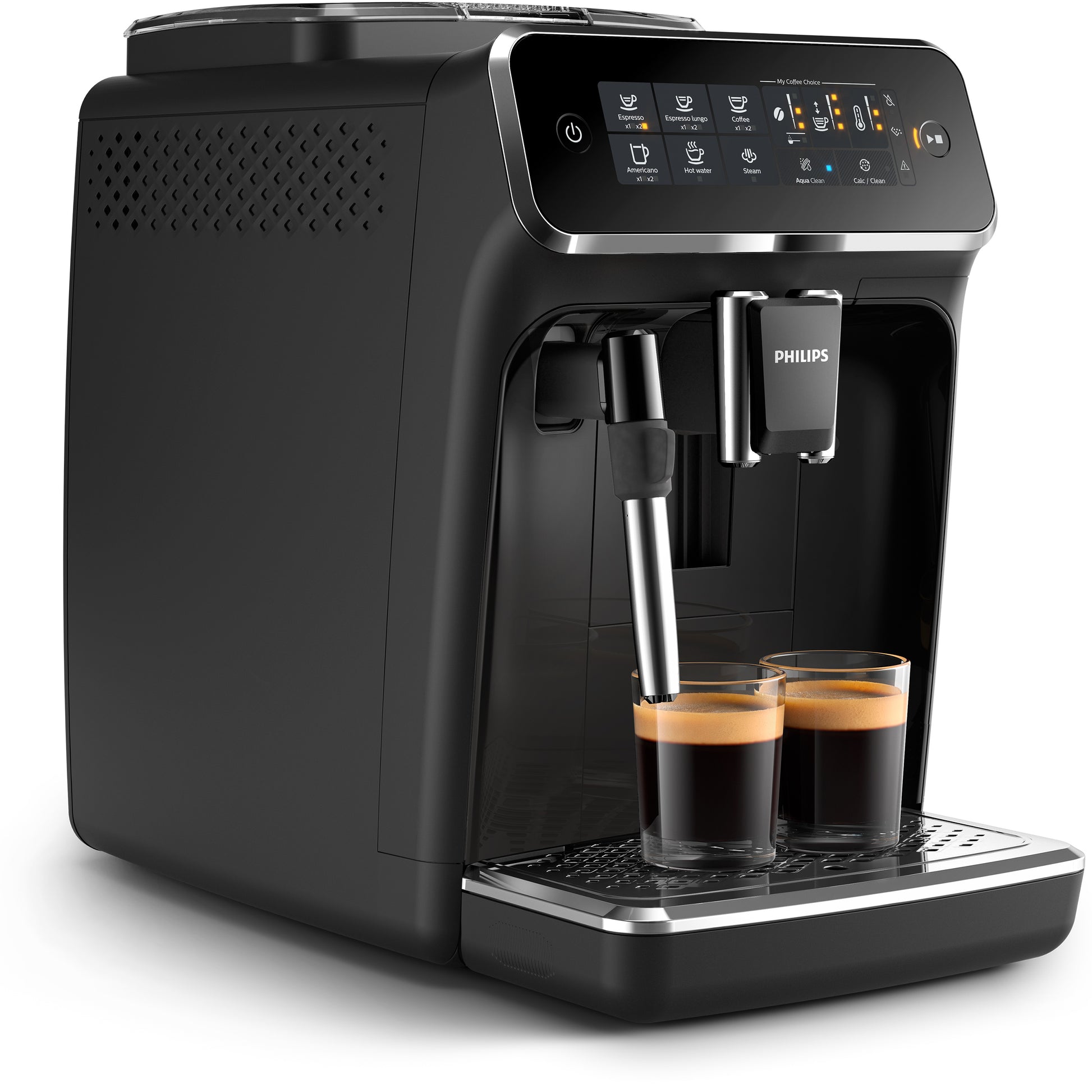Black Philips espresso machine with two cups of coffee on a white background