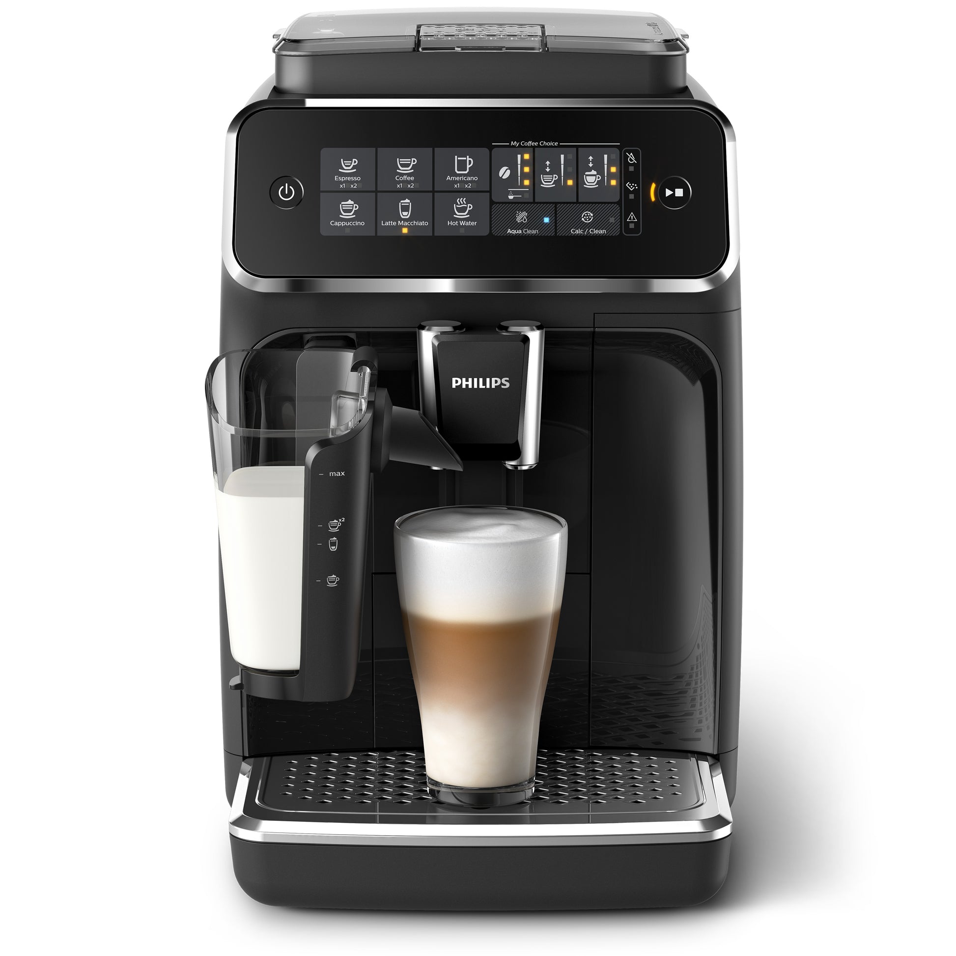 Philips coffee machine with a glass of coffee on a white background