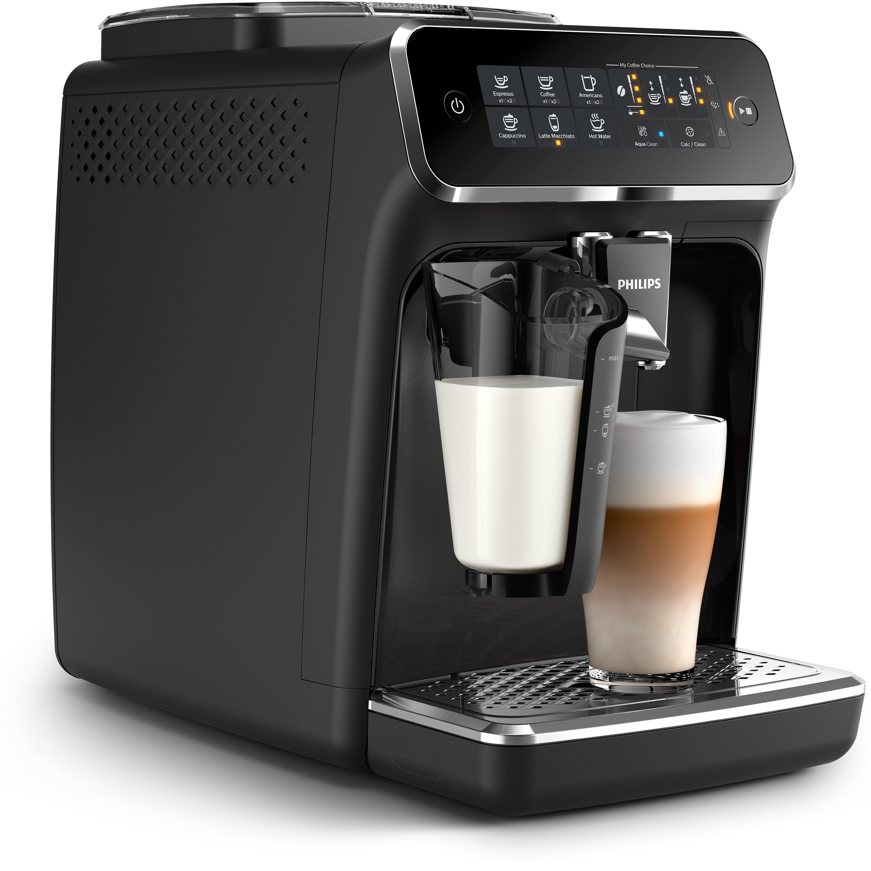 Black Philips coffee machine on a white background