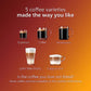 Coffee varieties with images of espresso, coffee, americano, latte macchiato, and cappuccino on a gradient background.