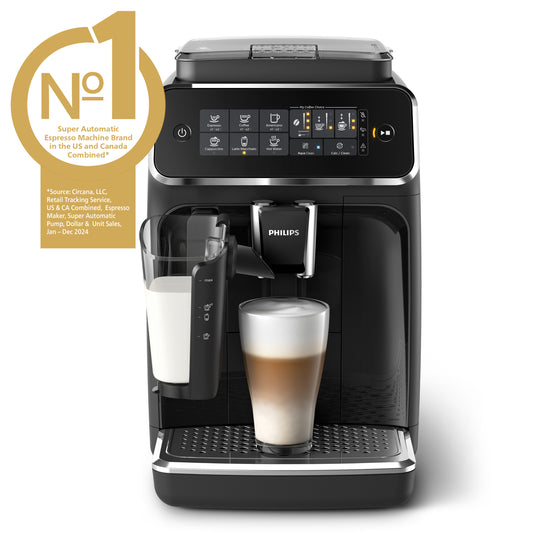 Philips coffee machine with a glass of latte on a white background
