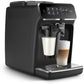 Black espresso machine with a glass of coffee and milk on a white background