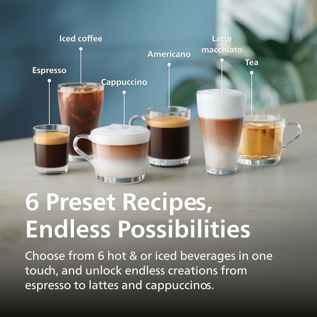 Assorted coffee beverages including iced coffee, espresso, cappuccino, americano, latte macchiato, and tea on a blurred background.