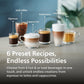 Assorted coffee beverages including iced coffee, espresso, cappuccino, americano, latte macchiato, and tea on a blurred background.
