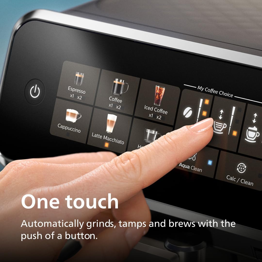 Coffee machine with touch controls and a hand pressing a button, featuring text about automated coffee brewing.