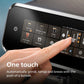 Hand pressing a button on a coffee machine with text 'One touch' and description.