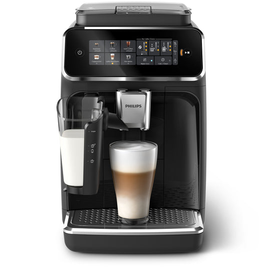 Philips coffee machine with a glass of coffee on a white background