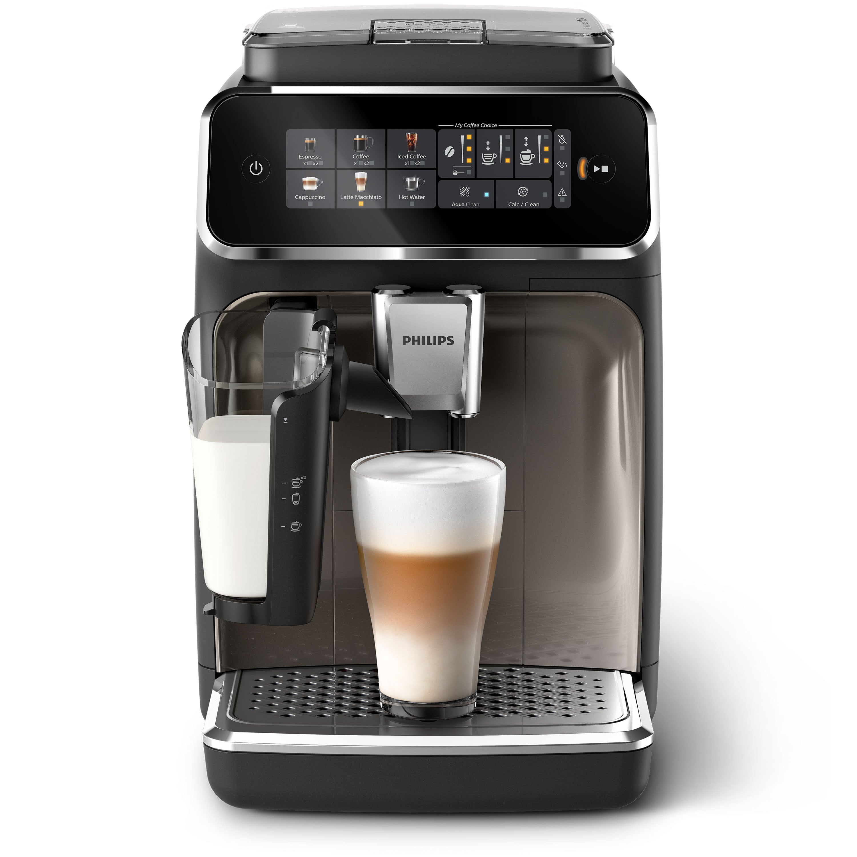 Philips coffee machine with a glass of cappuccino on a white background