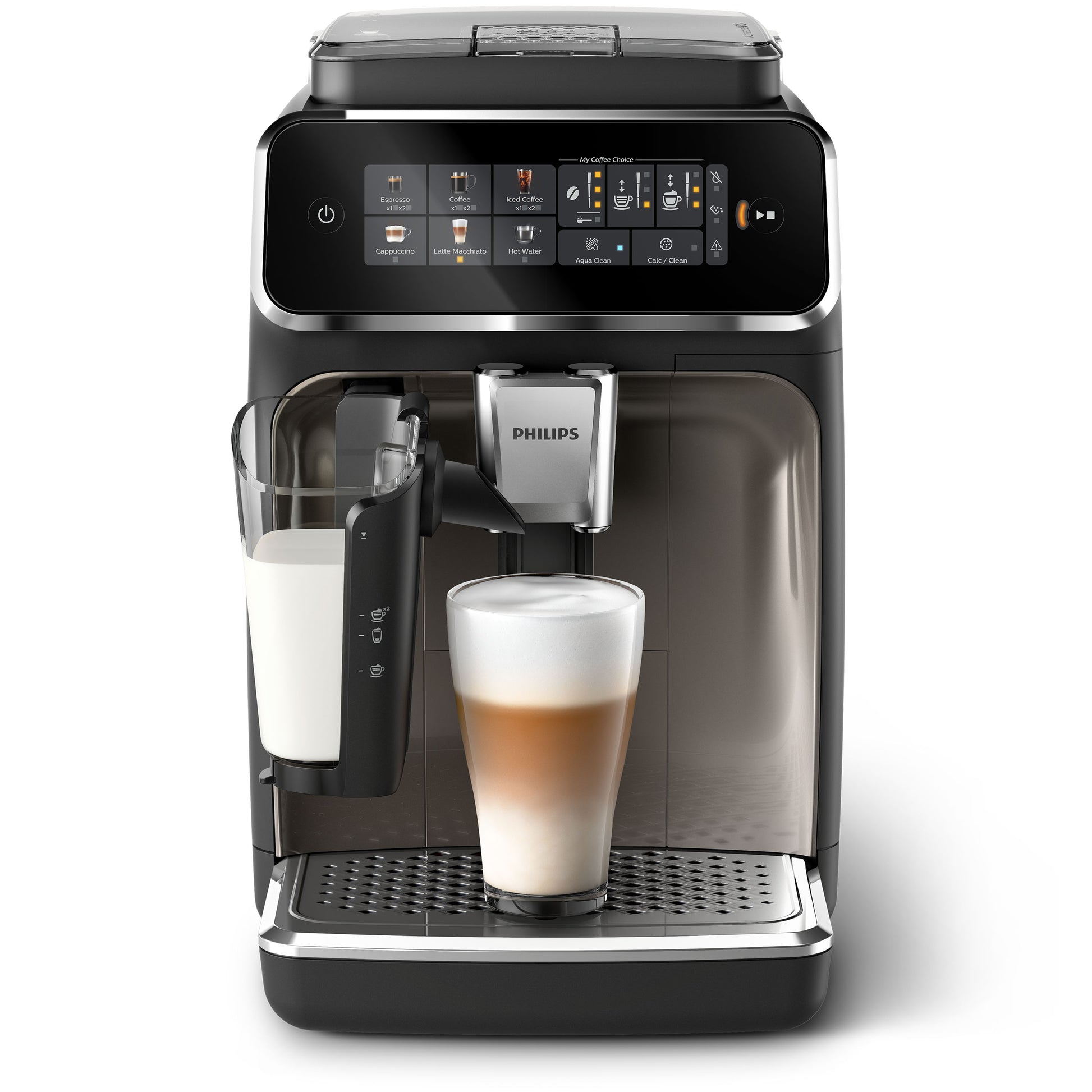 Philips 3000 series Fully Automatic coffee machine with a glass of latte on a white background