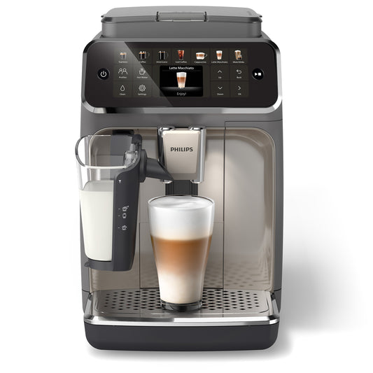 Philips 4400 coffee machine with a glass of cappuccino on a white background
