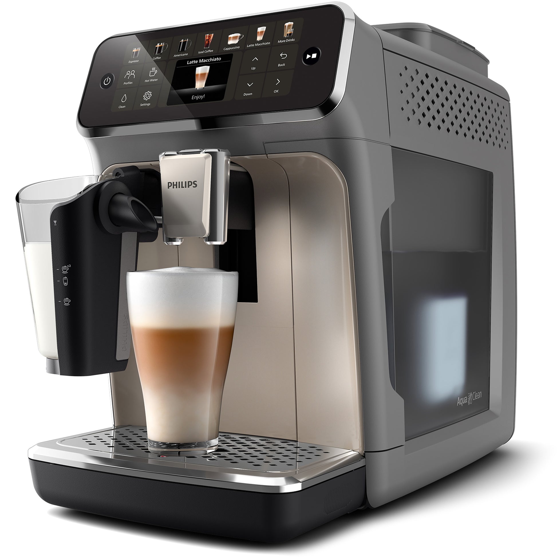 Philips coffee machine with a glass of latte on a white background
