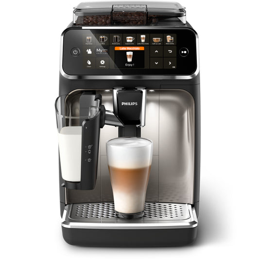 Philips coffee machine with a glass of latte on a white background