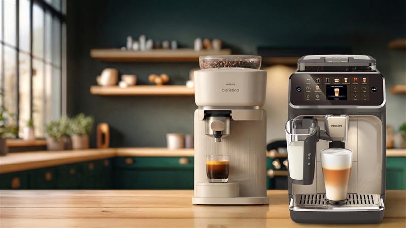 Two coffee machines on a wooden table with a kitchen background