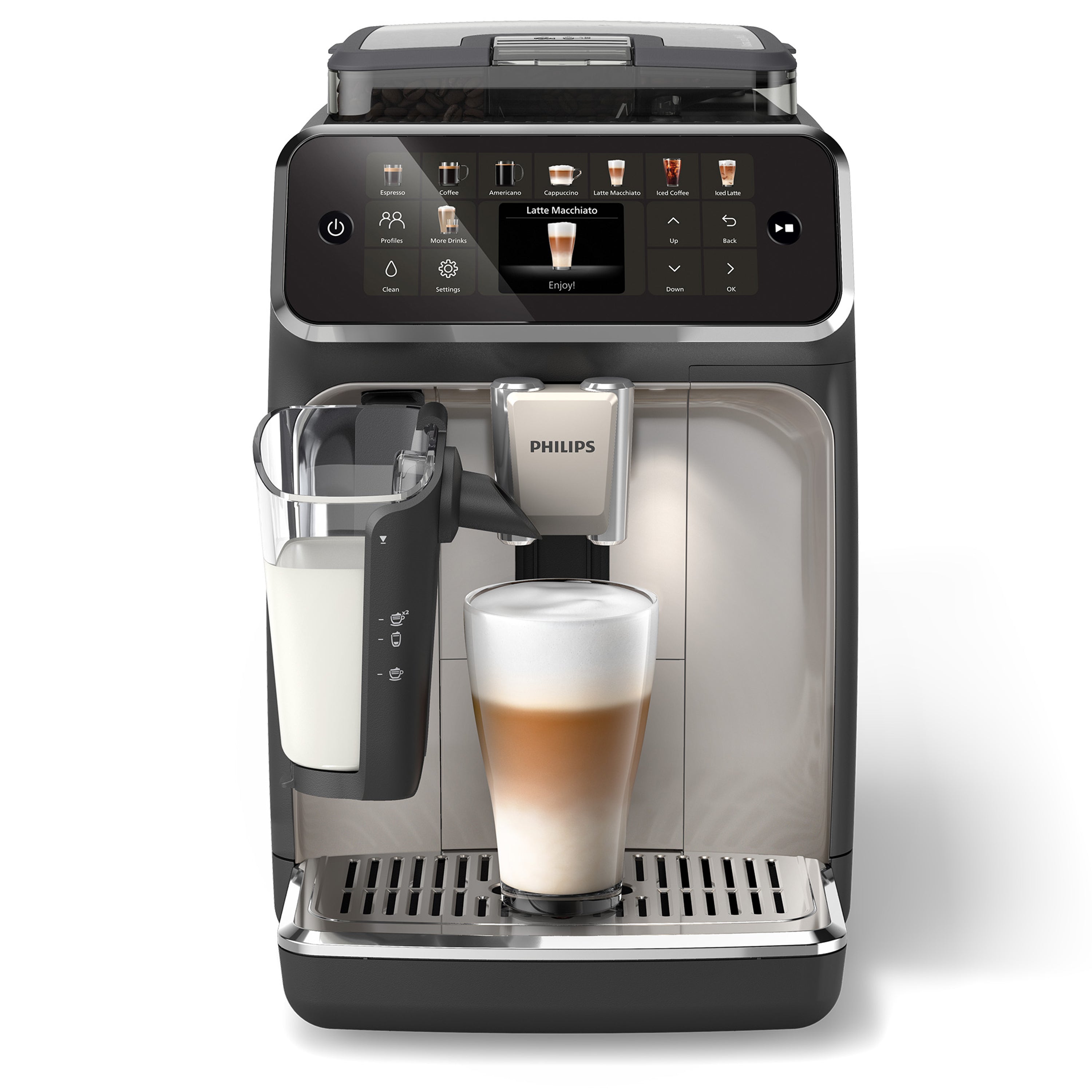 Philips 5500 coffee machine with a glass of layered coffee and milk on a white background