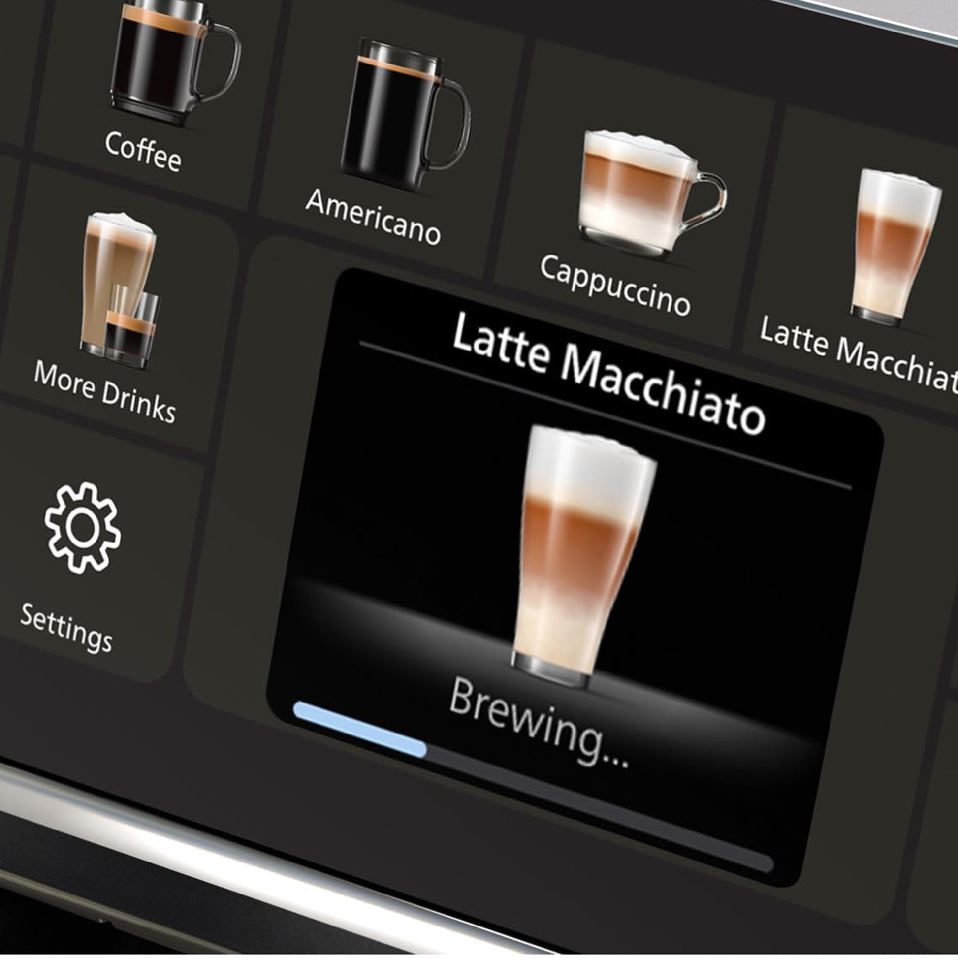 Philips 5500 Coffee machine screen displaying options for different coffee drinks including Latte Macchiato.
