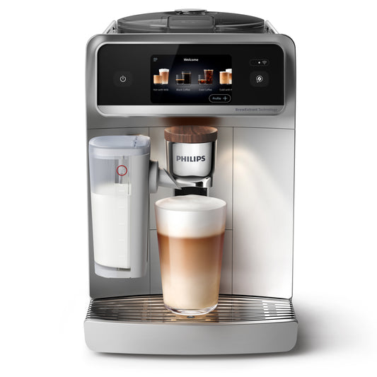 Philips 8000 Series Coffee Machine with Lattego Plus with a glass of cappuccino on a white background