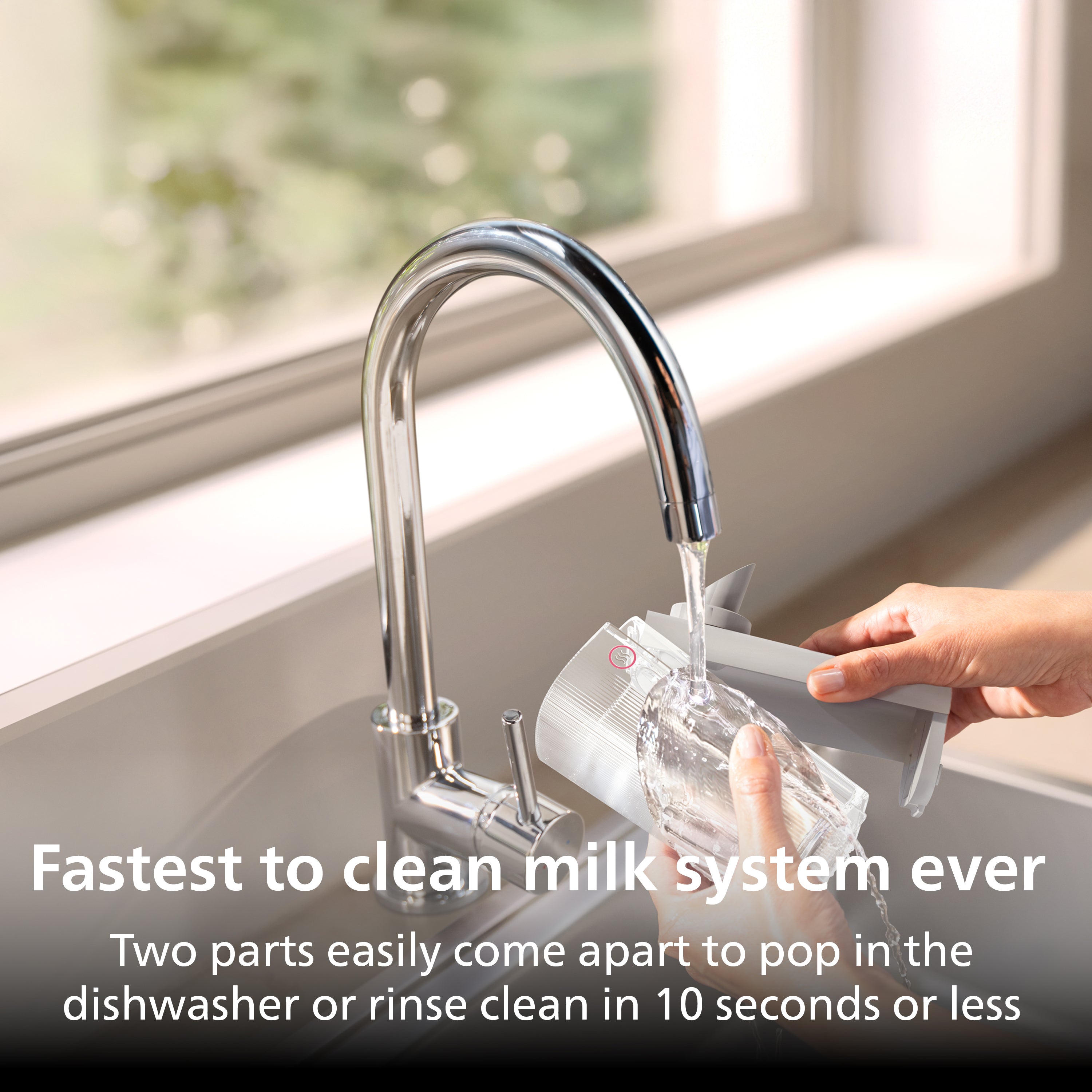 Person using a milk system attachment on a kitchen faucet with text about cleaning speed.