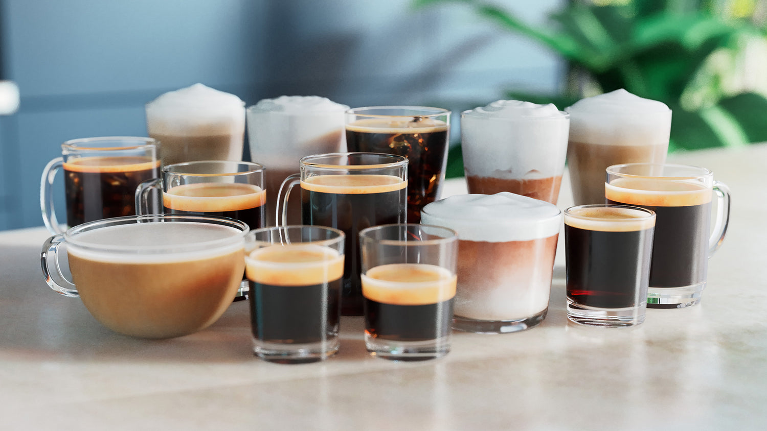 Various coffee drinks including espresso, cappuccino, and lattes on a reflective surface.