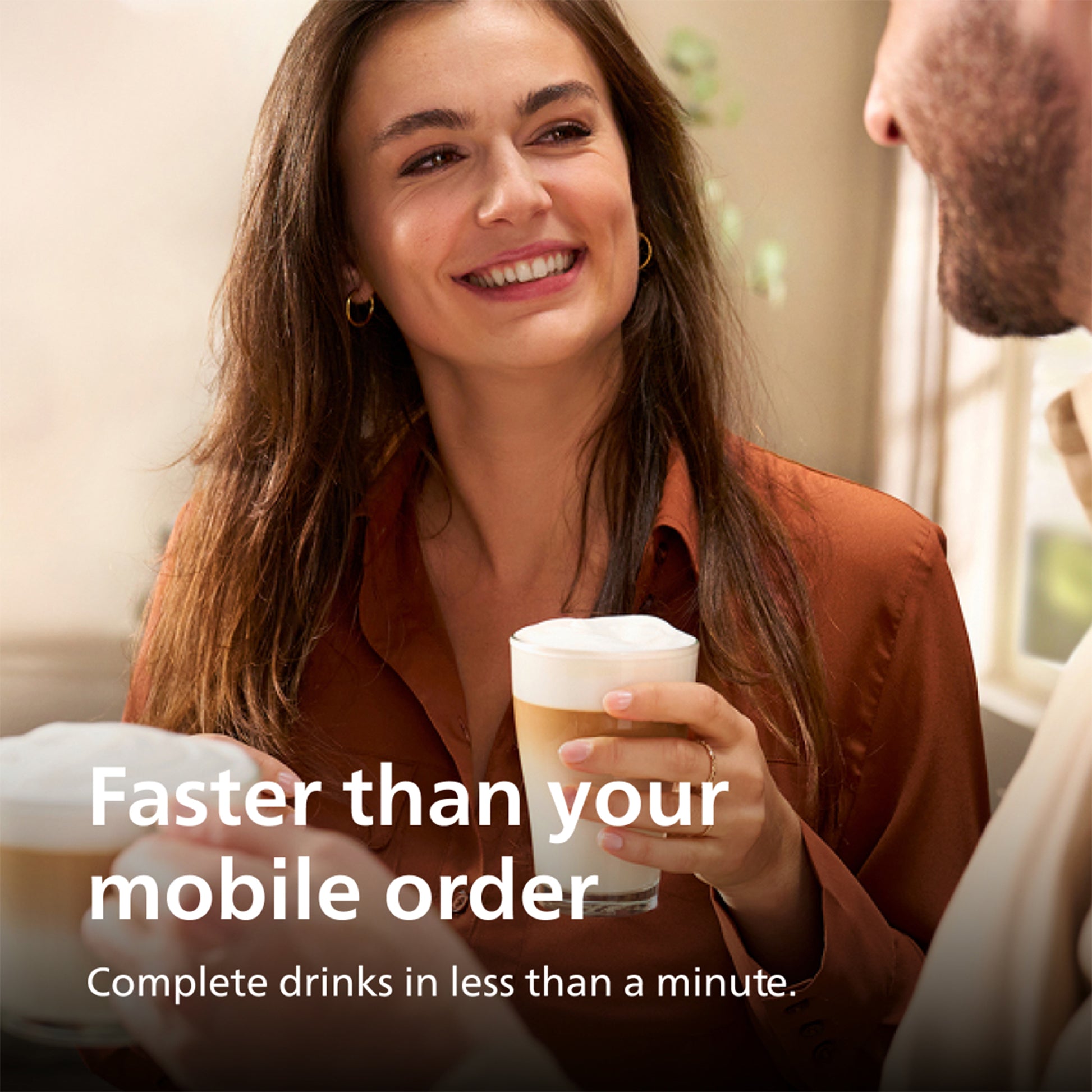 Woman holding a drink with text about mobile order speed