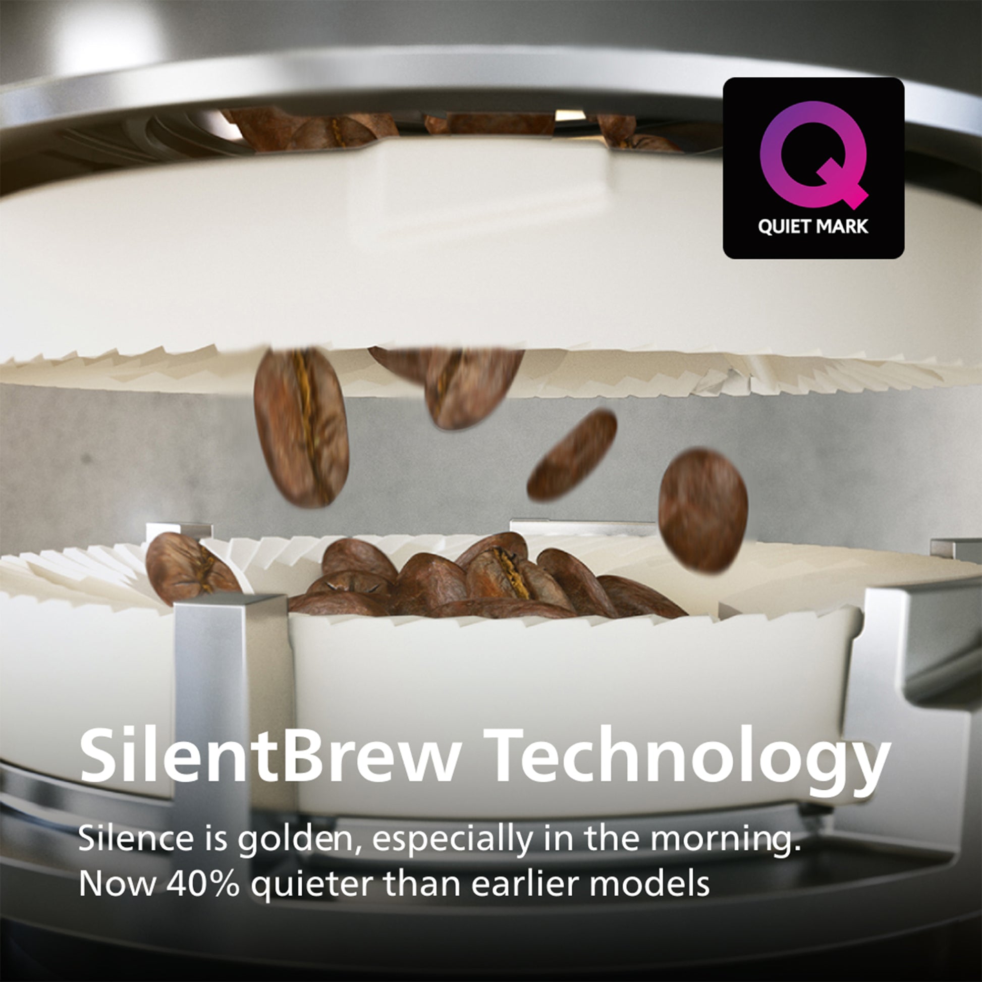 Ceramic grinder with coffee beans and Quiet Mark logo, emphasizing SilentBrew Technology.