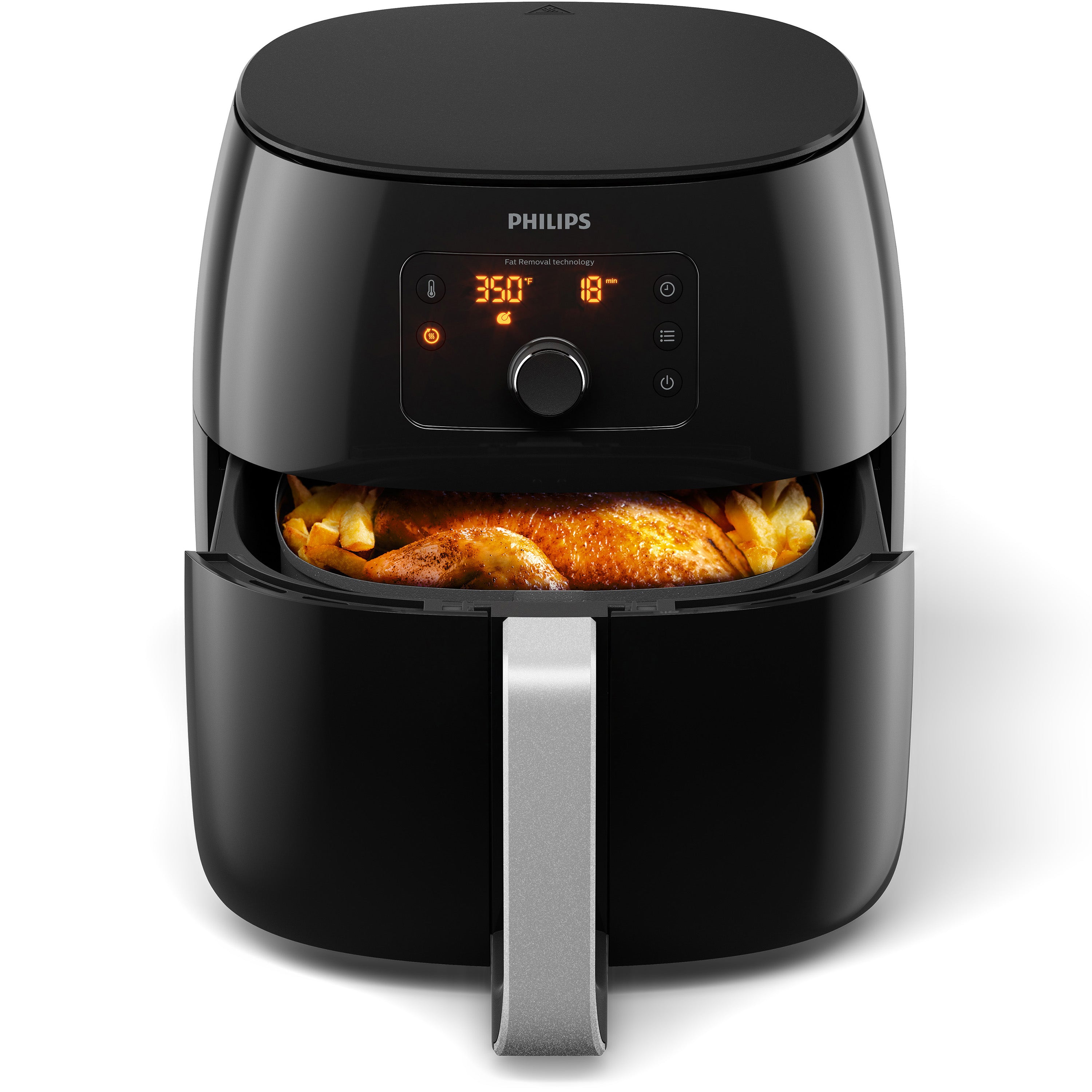 Black Philips air fryer with chicken inside on a white background
