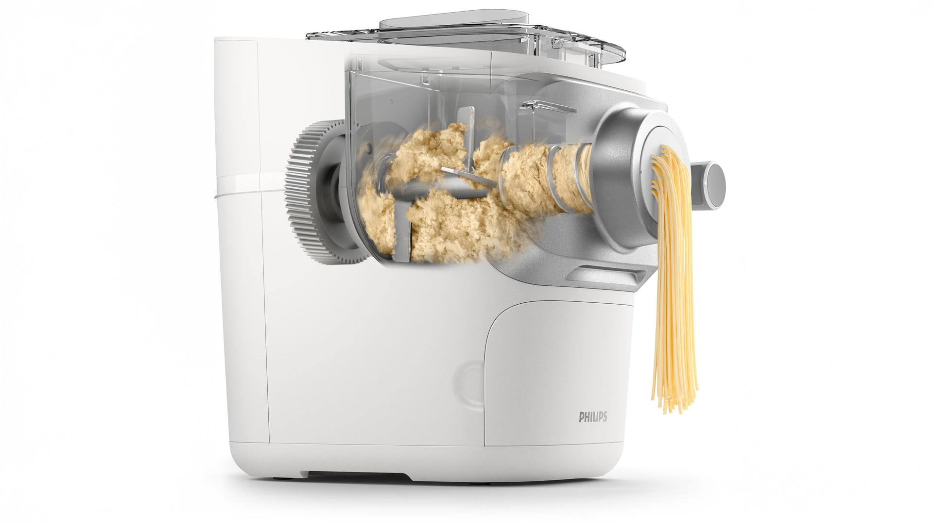 Pasta maker with pasta being extruded on a white background