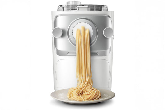 Pasta maker with fresh pasta on a white background