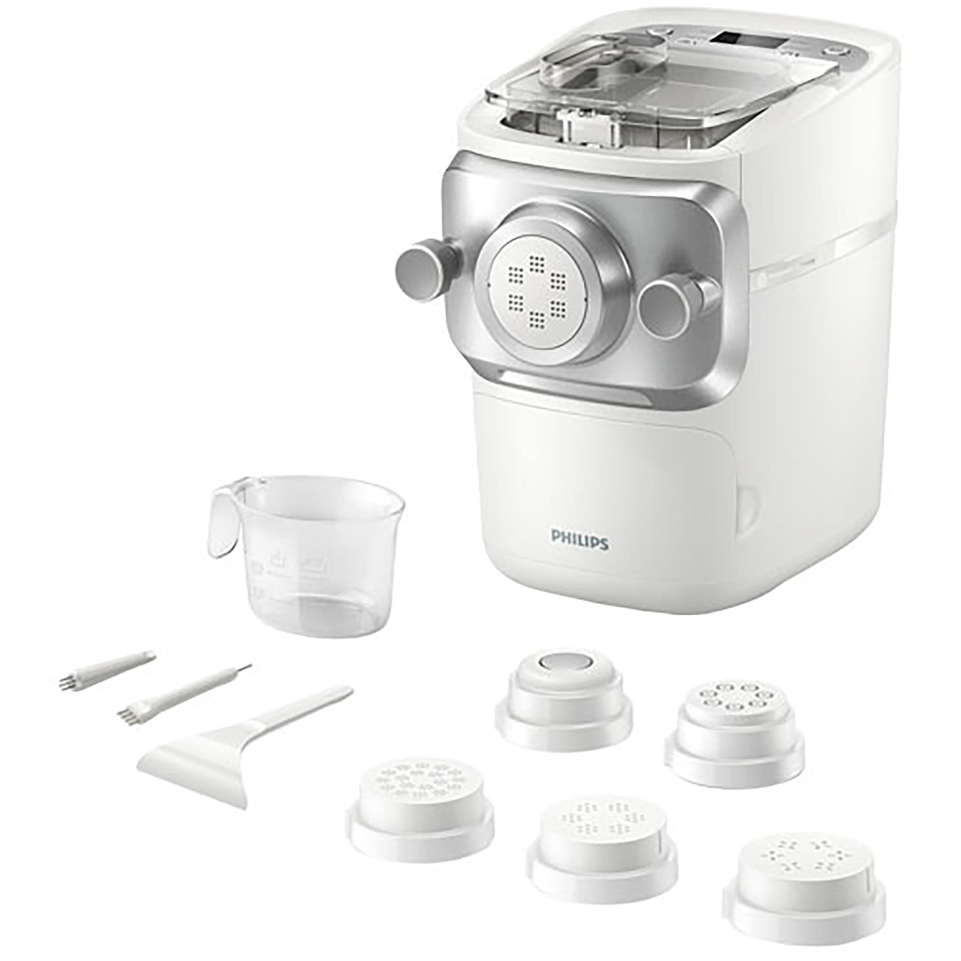 Philips pasta maker with attachments on a white background