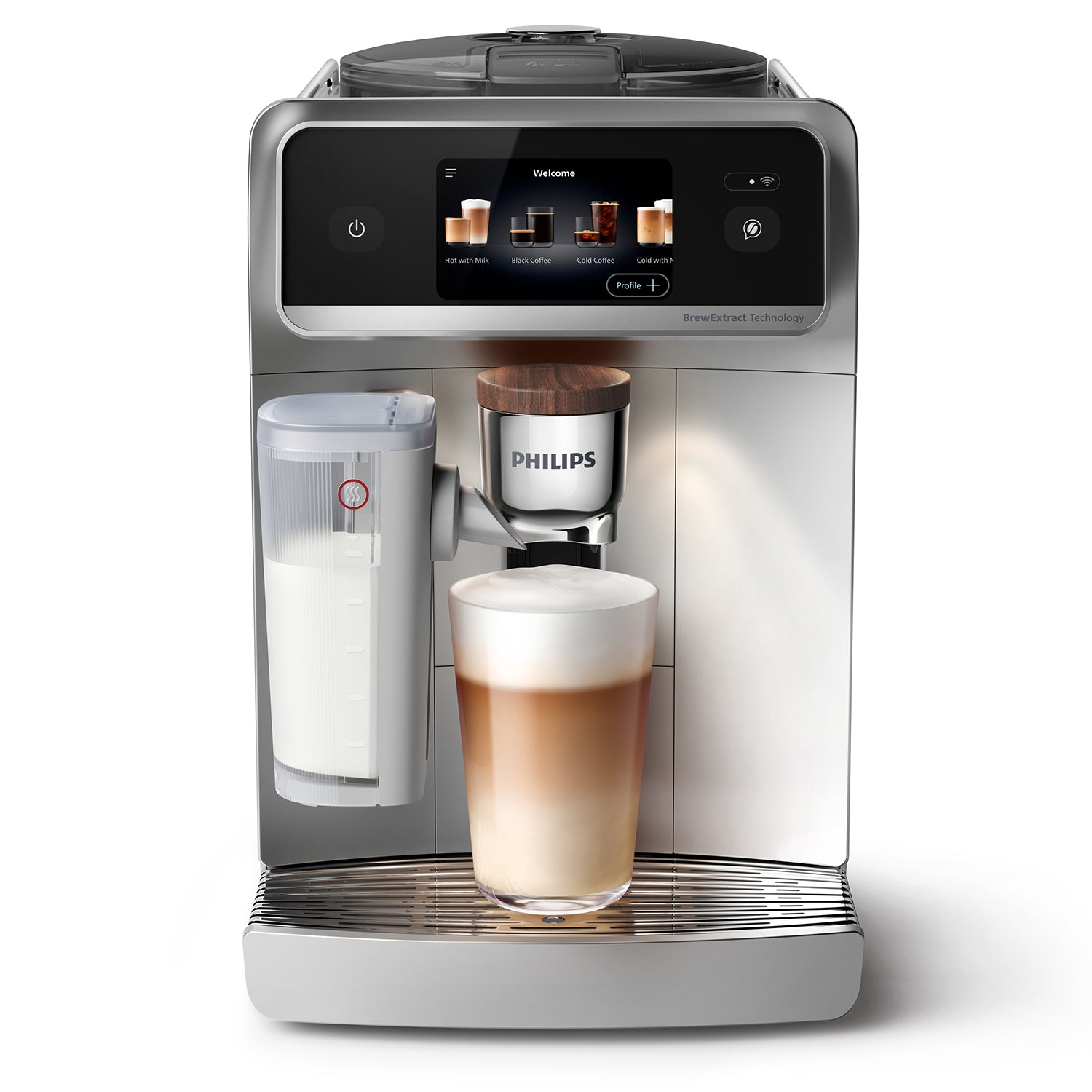 Philips 8000 Series coffee machine with a glass of cappuccino on a white background