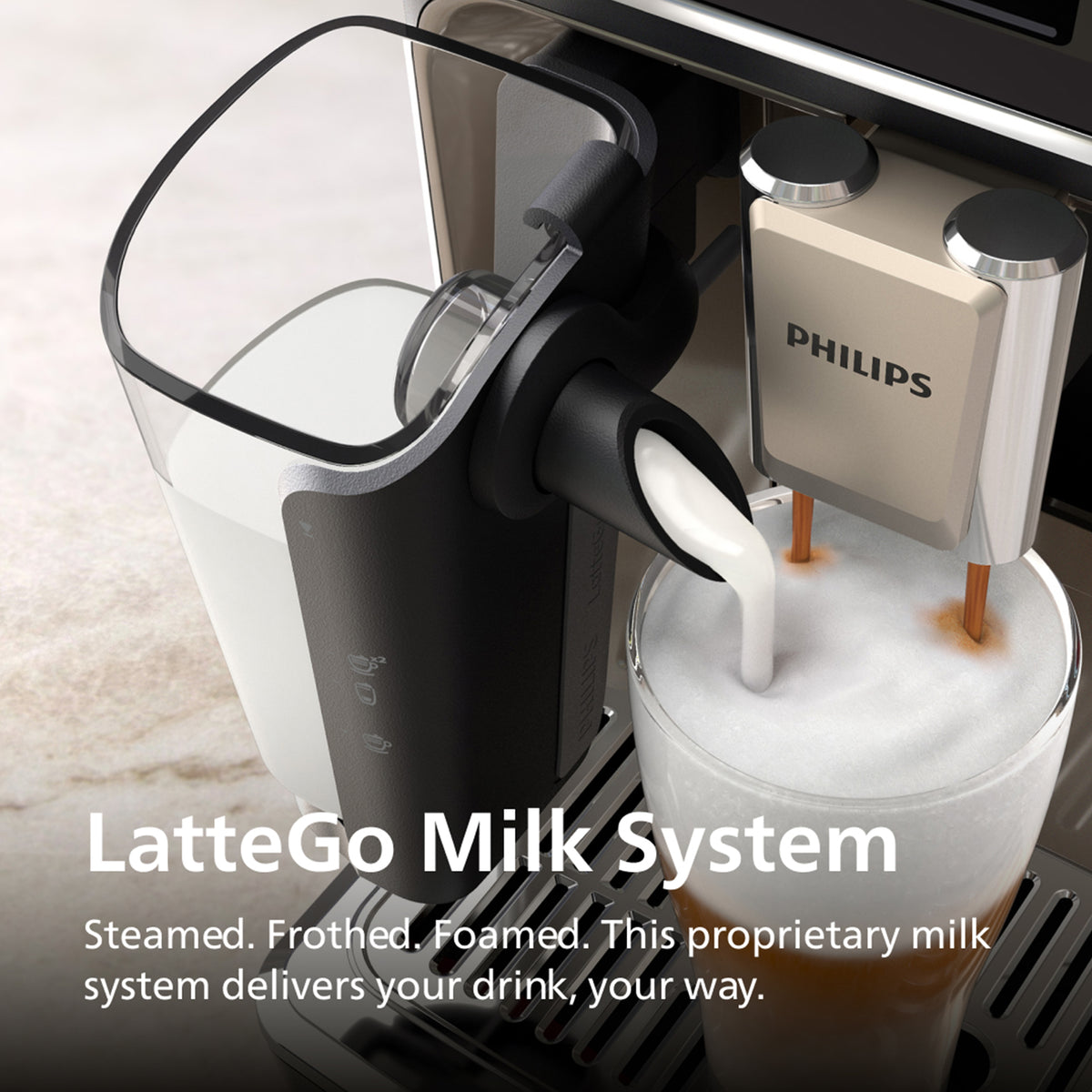 Philips LatteGo Milk System in action with frothed milk, featuring the Philips logo.