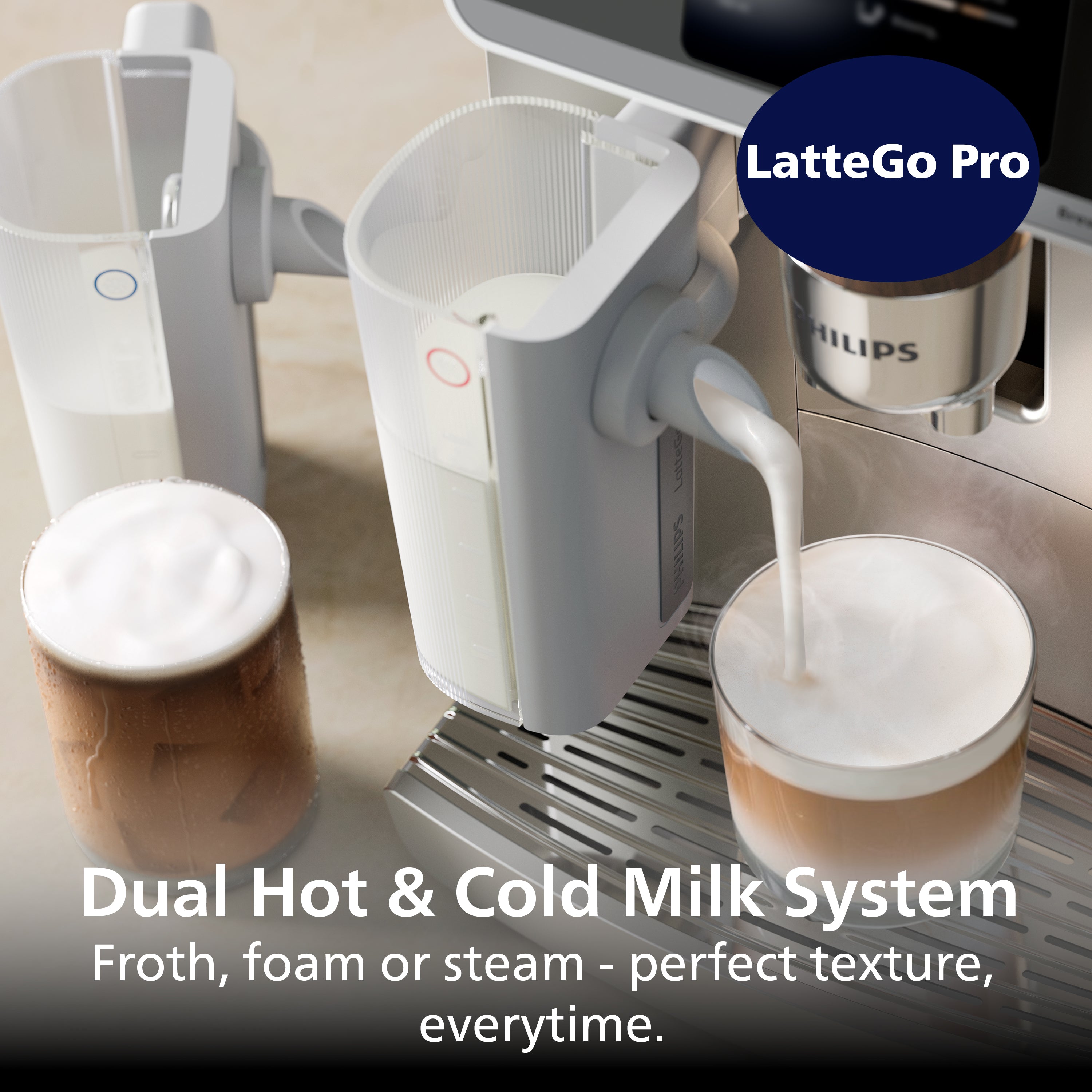 Philips LatteGo Pro milk frothing system with coffee machine and milk being poured into a glass.
