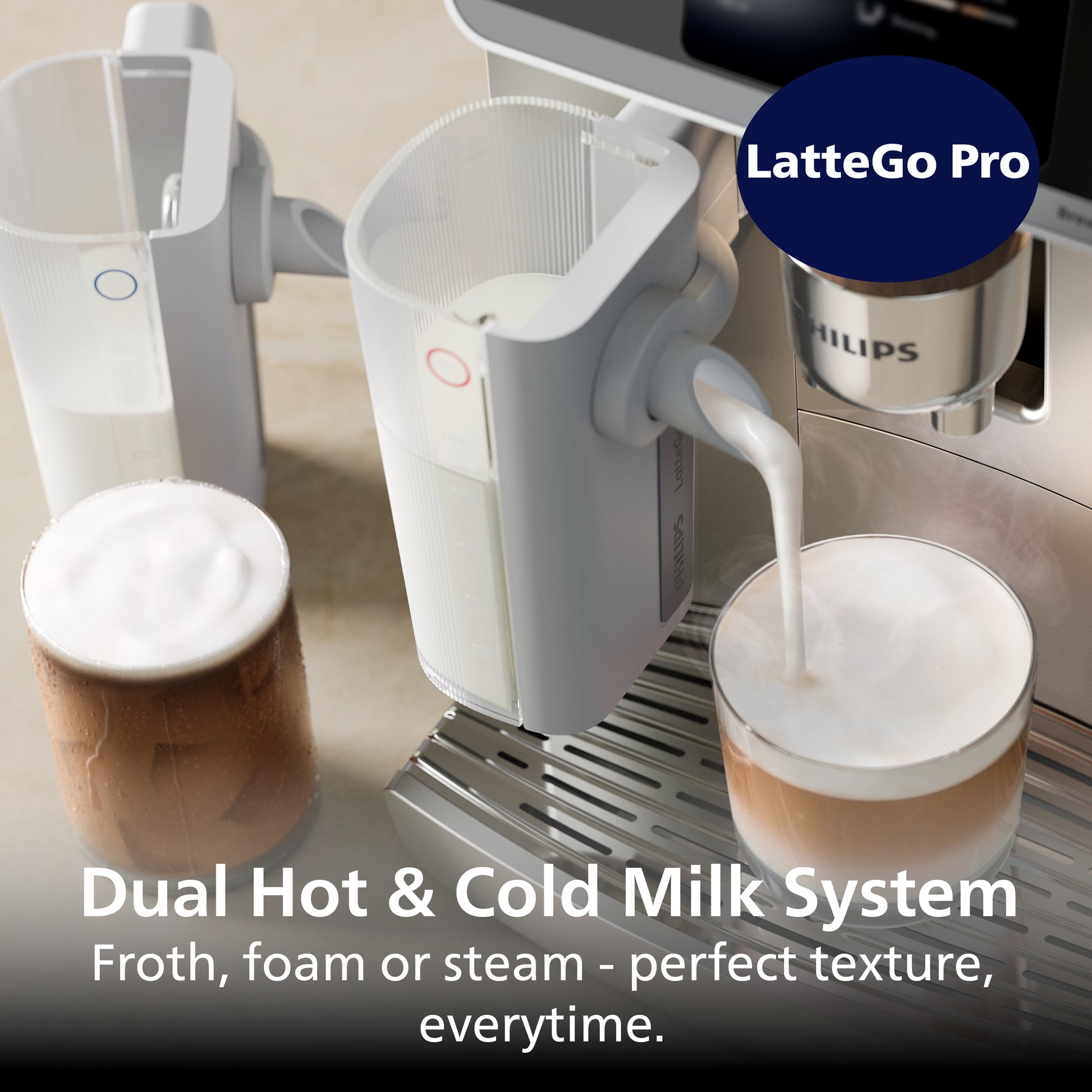 Philips LatteGo Pro milk frothing system with coffee machine and milk being poured into a glass.
