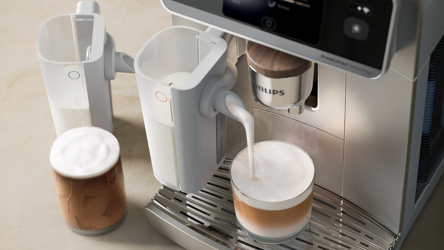 Philips coffee machine making a cappuccino with two cups on a light background