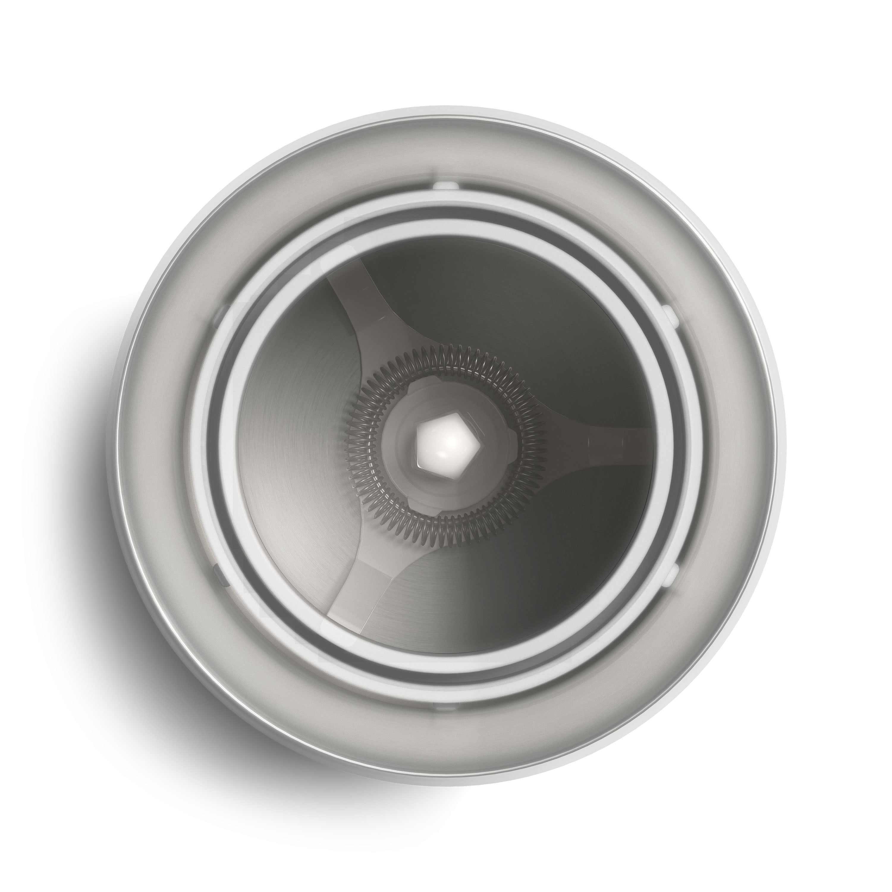 Close-up of a Philips milk frother's interior, showcasing its stainless steel whisk and frothing mechanism.