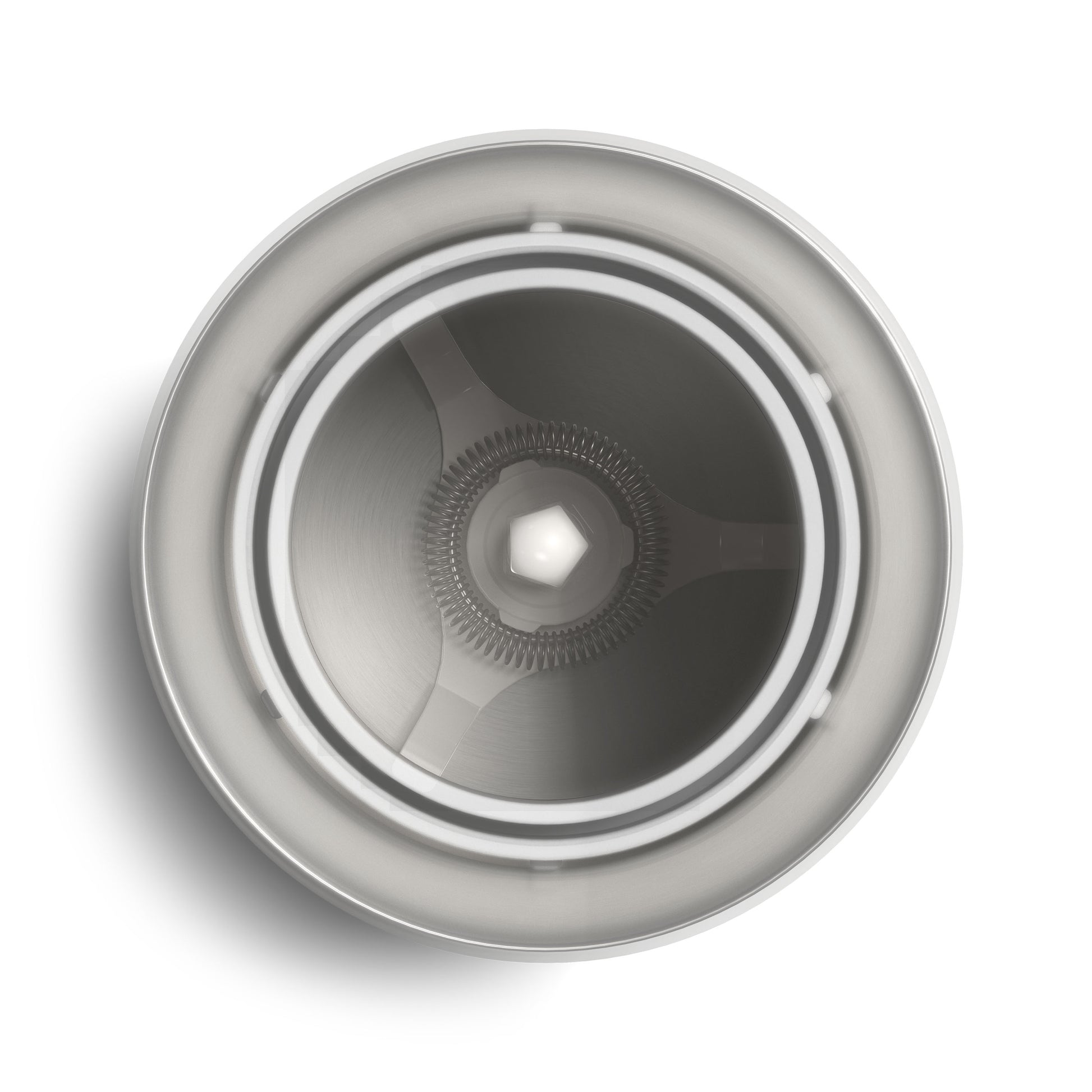 Close-up of a Philips milk frother's interior, showcasing its stainless steel whisk and frothing mechanism.