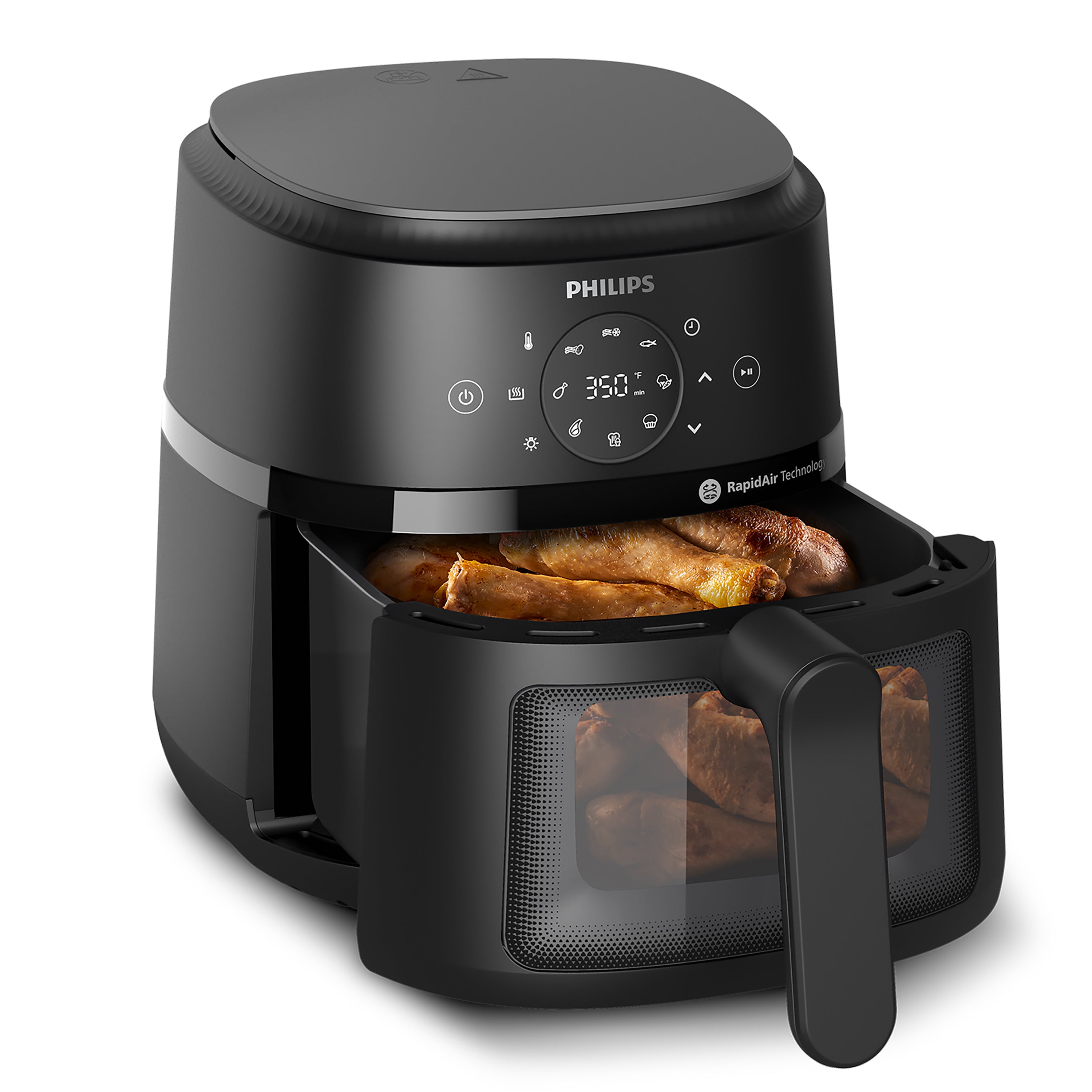 Philips air fryer with food inside on a white background