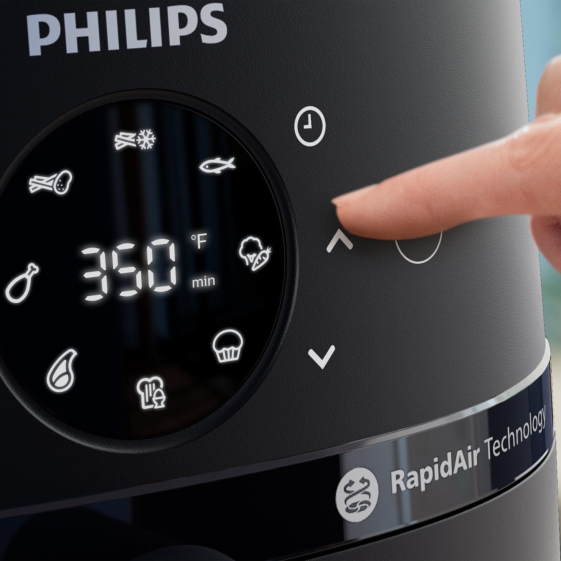 Philips kitchen appliance with digital display and control panel, featuring RapidAir Technology.