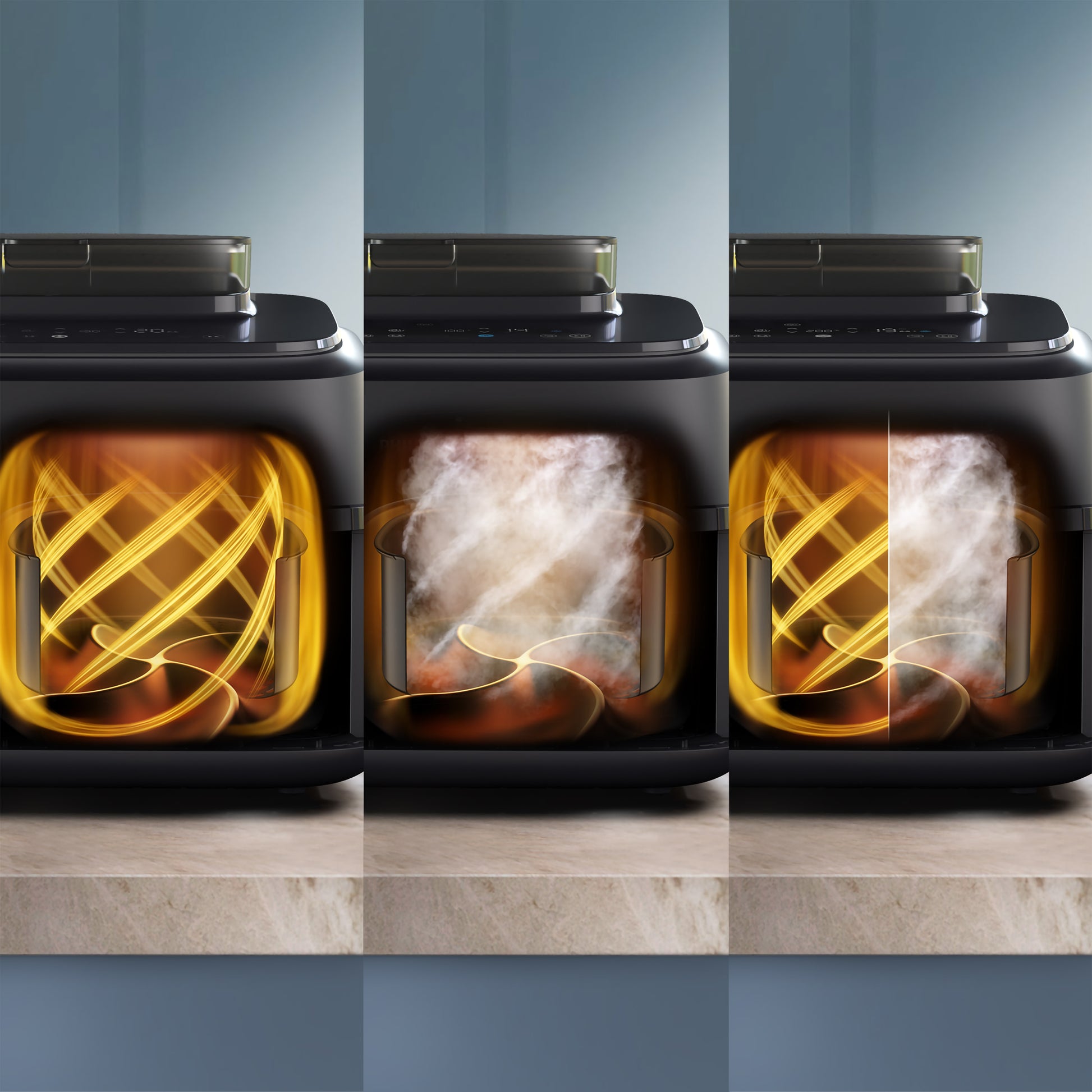 Philips 5000 Series Dual-Basket Airfryer with Steam, showing steam and heat