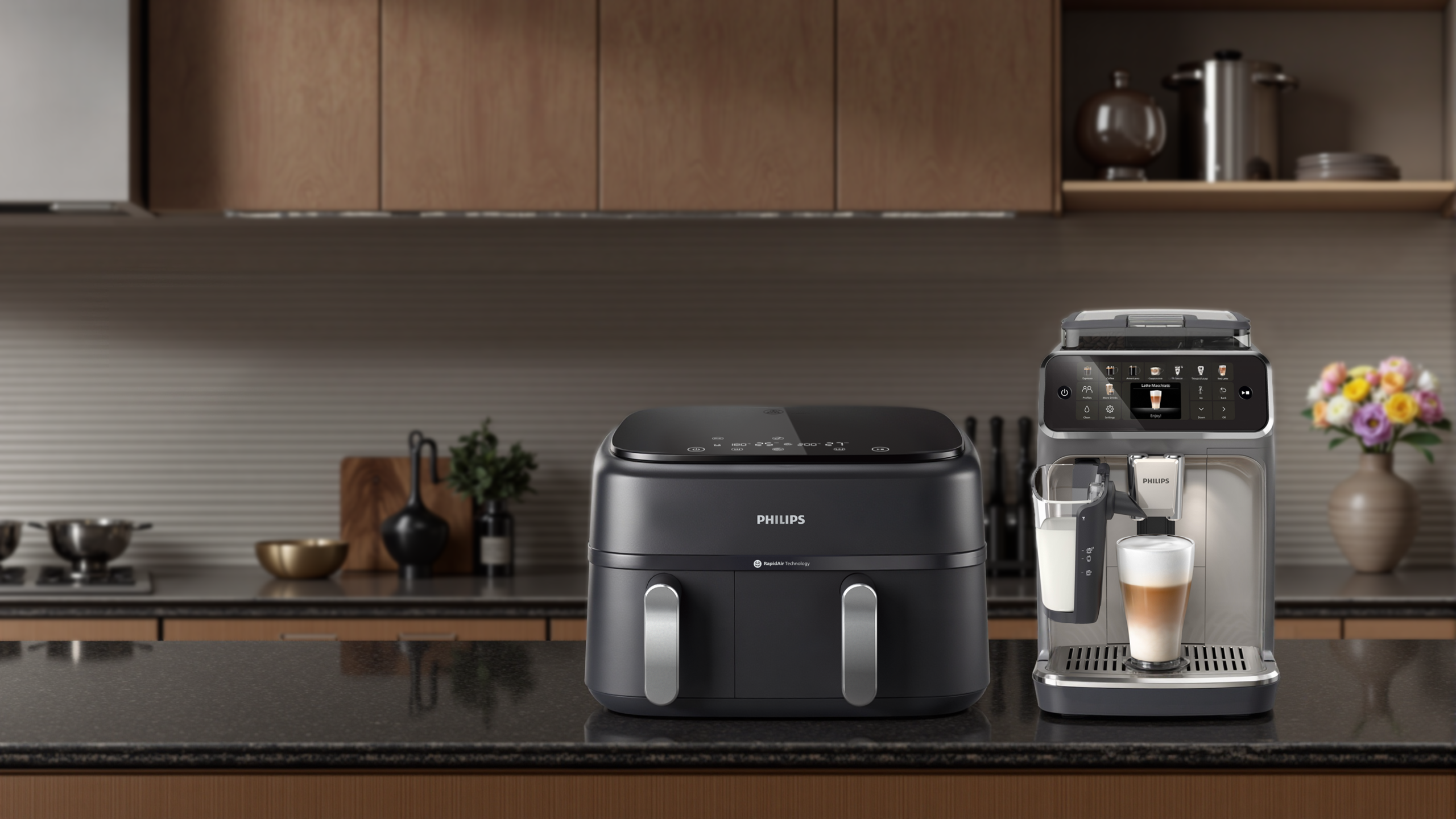 Airfryer and Fully Automatic Coffee Machine sitting on countertop.