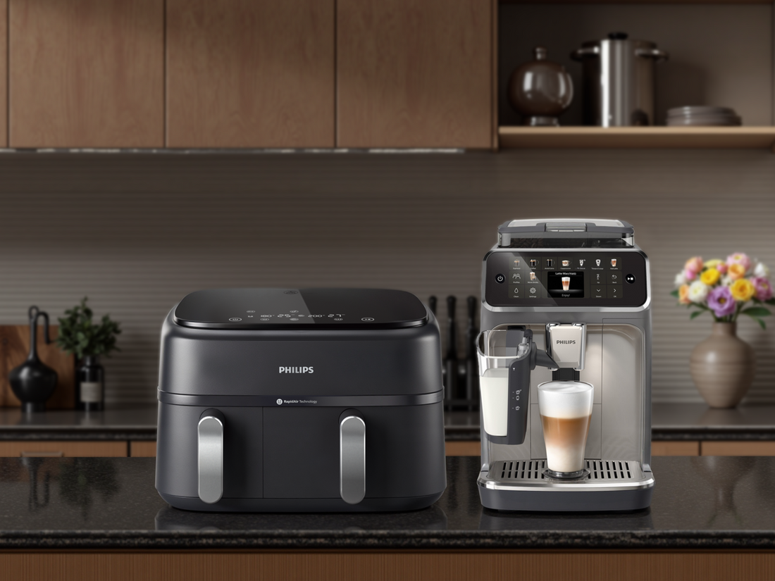 Coffee machine and airfryer sitting on the countertop. 