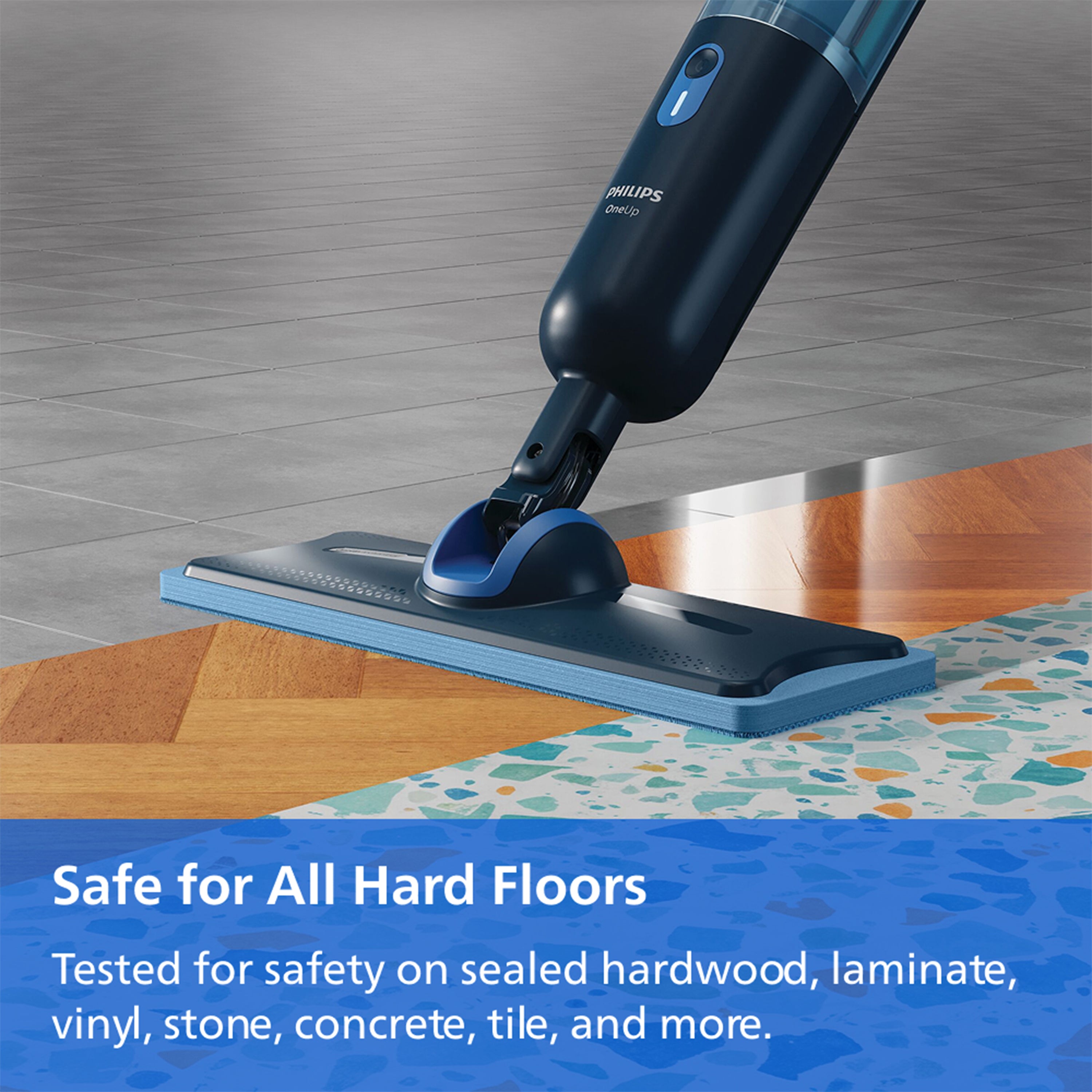 Philips steam mop shown in use on a hardwood floor, with a blue banner at the bottom reading 'Safe for All Hard Floors' and listing flooring types it has been tested on.
