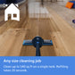 A cordless floor cleaner head shown from above on a hardwood floor, with a white house icon in the top left and a blue text banner at the bottom reading 'Any size cleaning job Clean up to 540 sq ft on a single tank. Refilling takes 20 seconds.